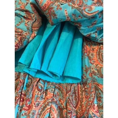 Lauren Ralph Lauren Petite A-Line Skirt PL 100% Cotton Paisley Print Turquoise & Brown
