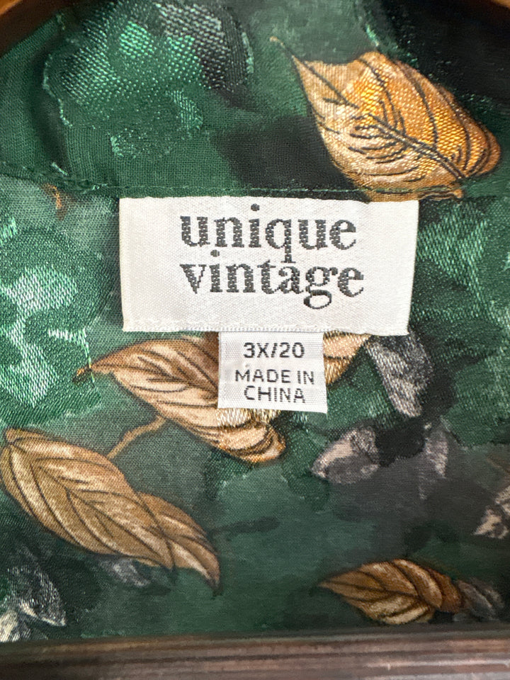 Women’s Unique Vintage 3X Sheer Green Floral Button Up Blouse