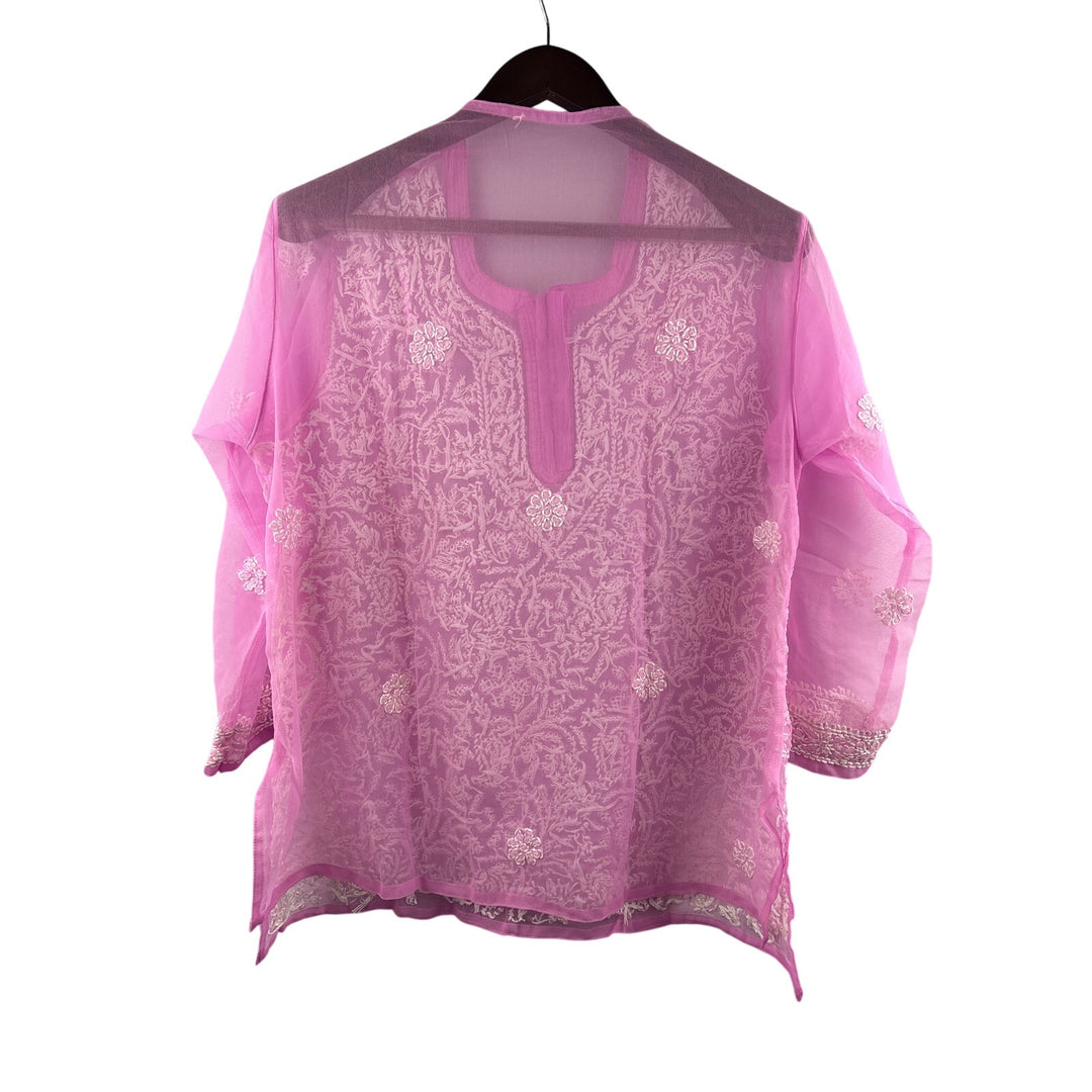 Women’s Handmade XL Pink Long Sleeve Blouse w/ White Embroidery