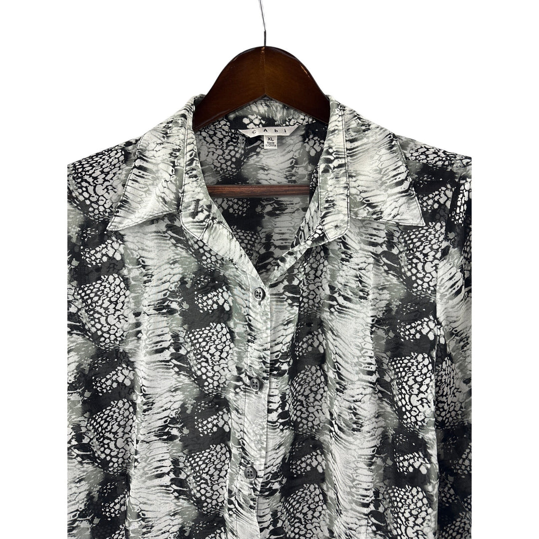 Women’s Cabi XL White, Gray, & Black Snake Skin Patterned Long Sleeve Blouse