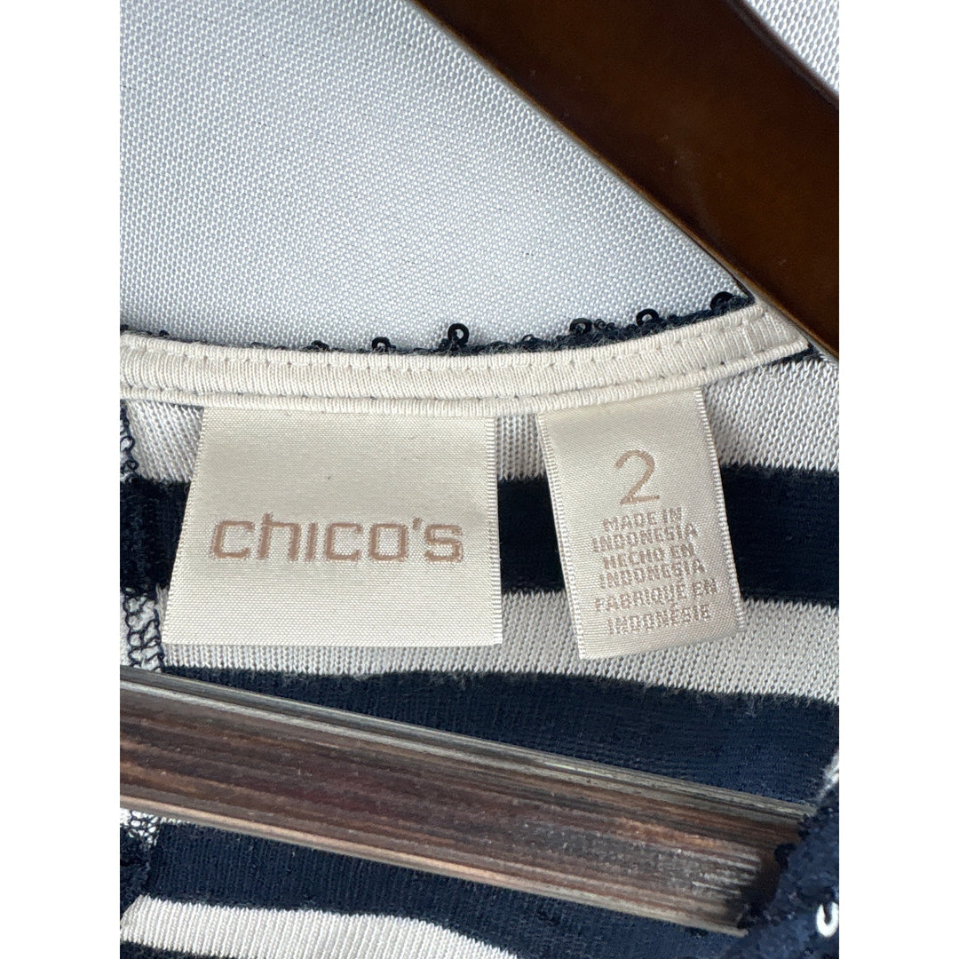 Women’s Chicos Size 2 White & Navy Sequined Striped Short Sleeve