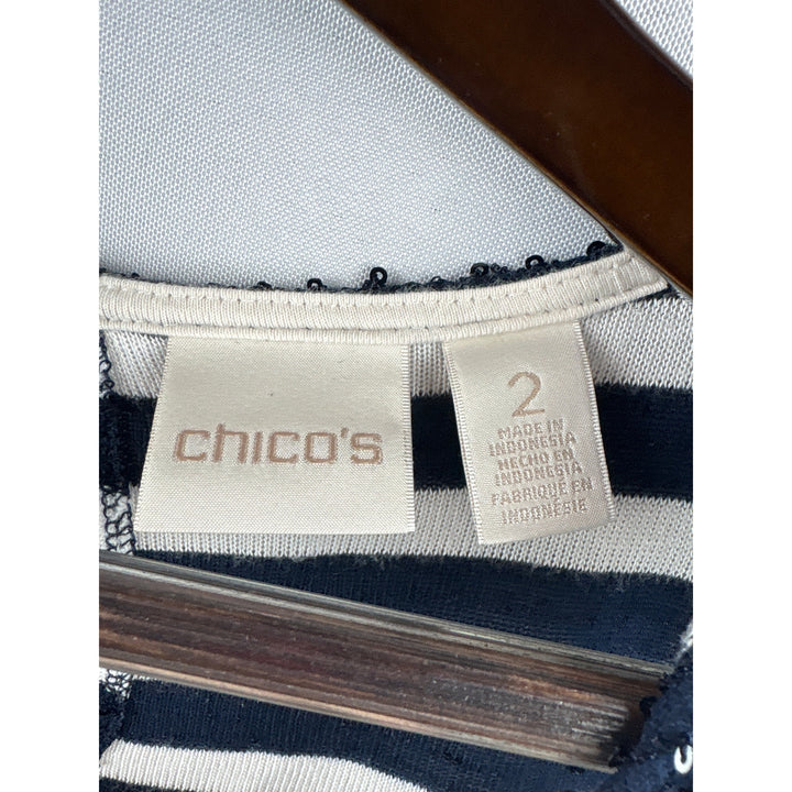 Women’s Chicos Size 2 White & Navy Sequined Striped Short Sleeve