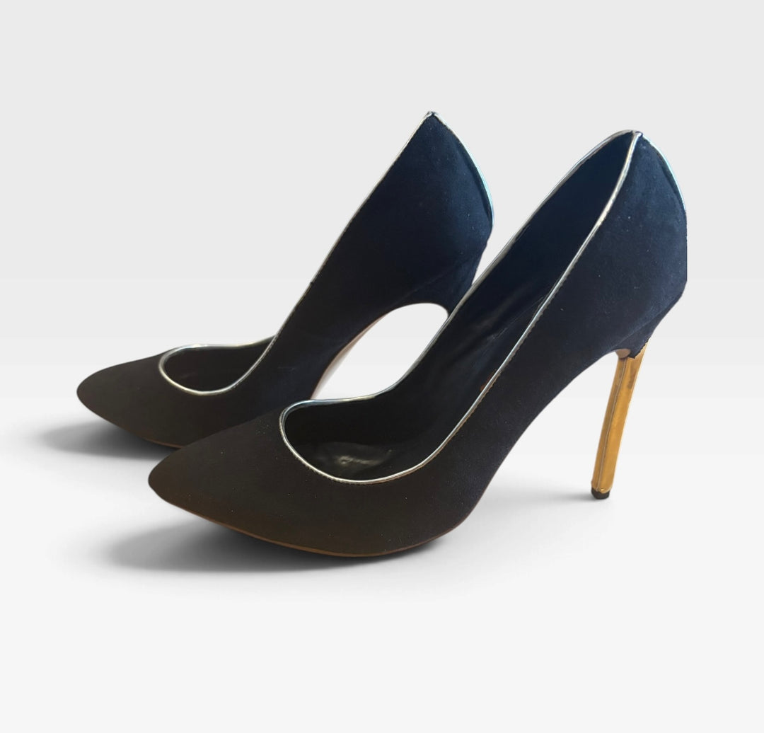 FSJ Black Faux Suede Gold Metallic Stiletto Heels Pointed Toe Pumps Size 6