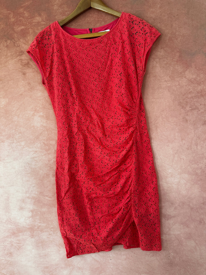 DKNYC Coral Pink Floral Lace Ruched Bodycon Cocktail Dress