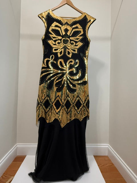 Metme Sequin Beaded Tulle Maxi Dress Black Gold XL