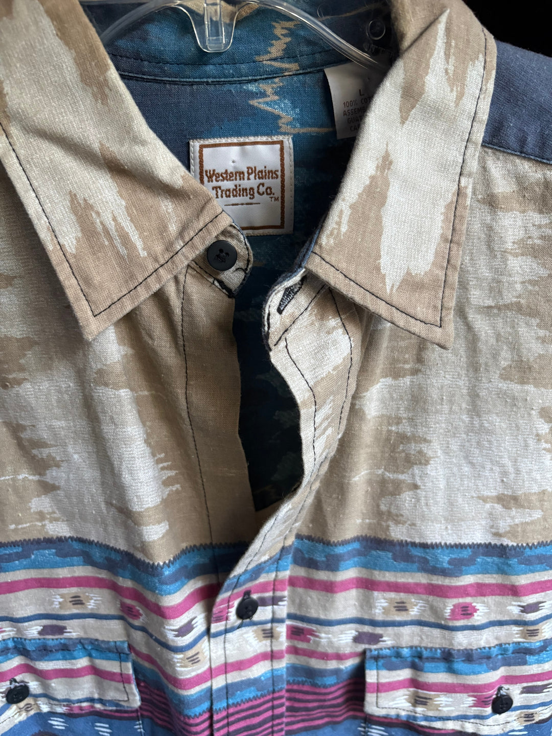 Western Plains Southwestern Aztec Print Long Sleeve Shirt Blue Tan Pink Large