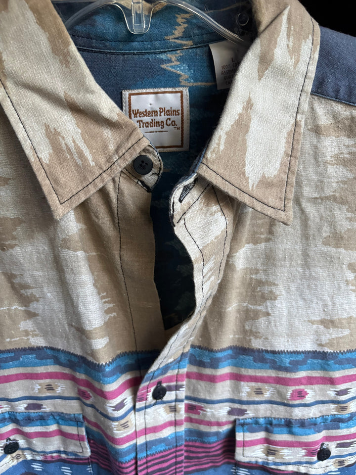 Western Plains Southwestern Aztec Print Long Sleeve Shirt Blue Tan Pink Large