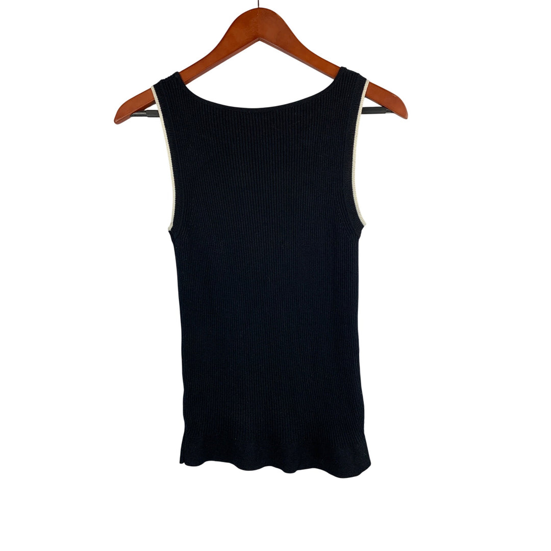 Black Sleeveless Ribbed Knit Top With White Trim Detail