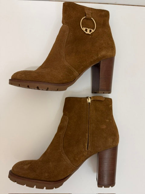 Tory Burch Sofia Lug Sole Suede Booties Festival Brown Sz9.5