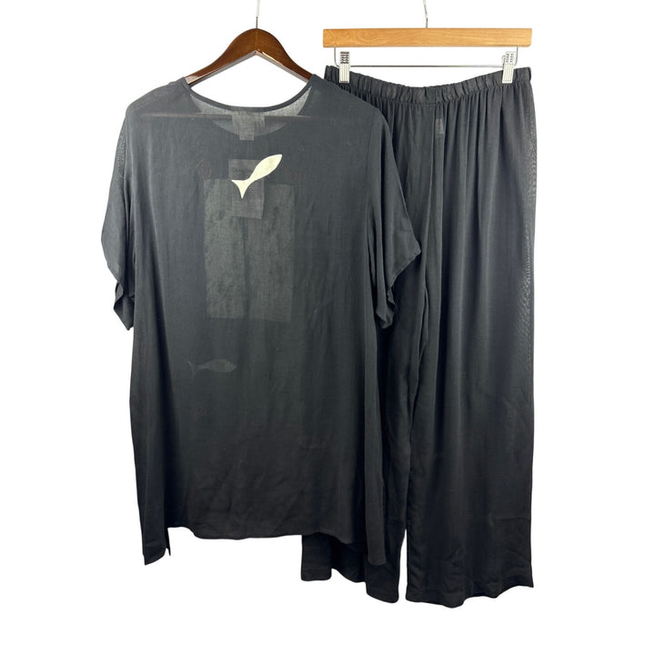 Women’s Crazy Fish XL Black w/ Fish Pattern Short Sleeve Blouse & Pant Set