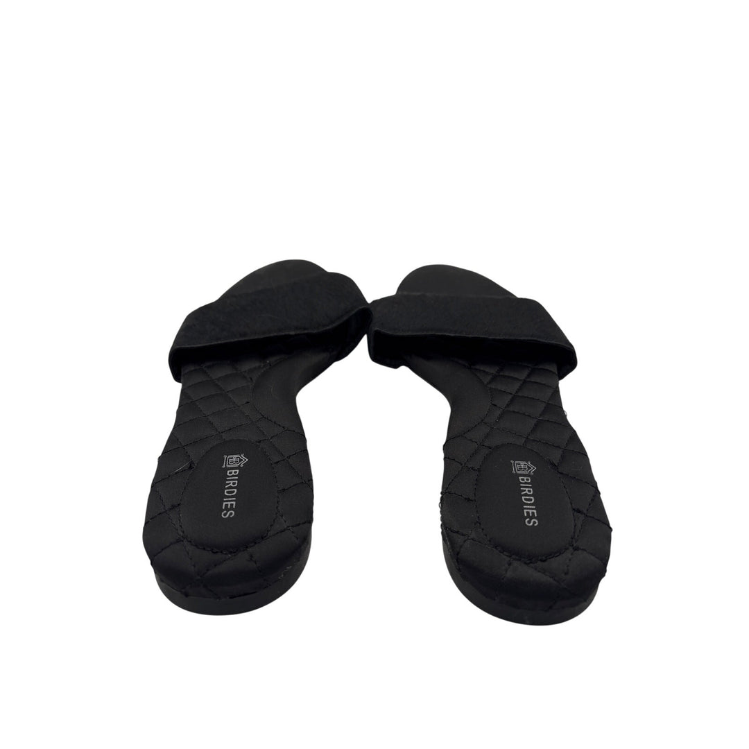 Women’s Birdies Size 6 Black Fur & Satin Slip On Sandals