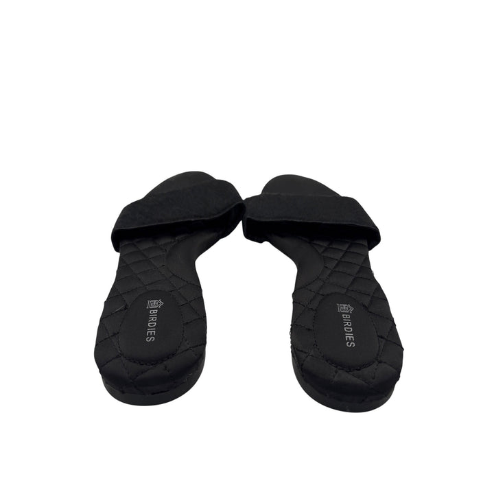 Women’s Birdies Size 6 Black Fur & Satin Slip On Sandals