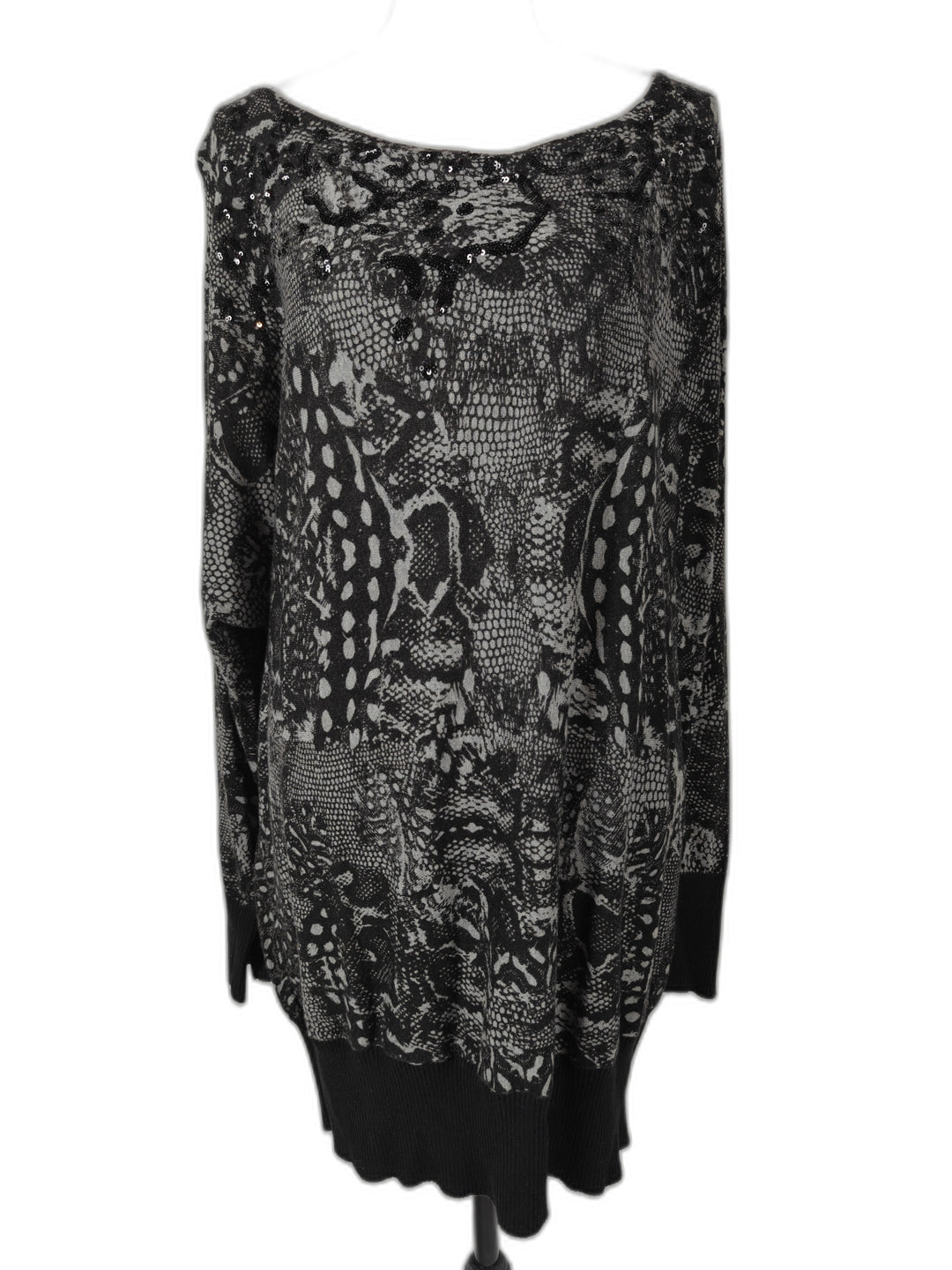 Women DKNYC Sweater Tunic Black Gray Snakeskin Print Size XL