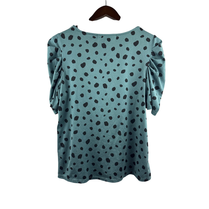 Women’s Socialite Curve Size 0X Blue Puff Sleeved Blouse w/ Black Polka Dots