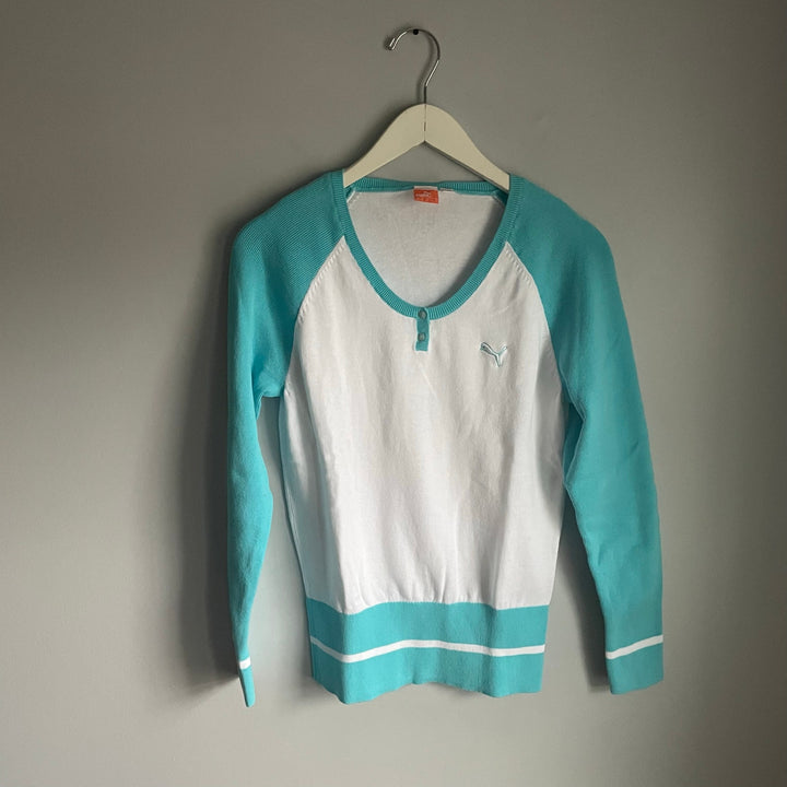 Puma White and Aqua Knit Athletic Golf Baseball Raglan Sweater Top size Medium