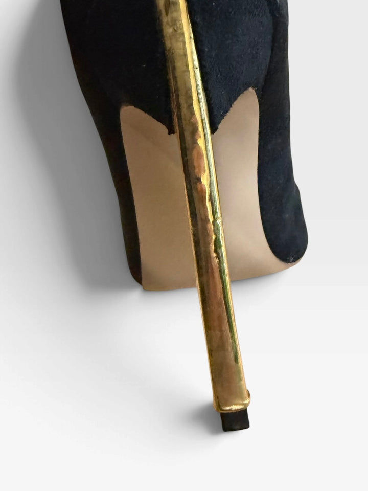 FSJ Black Faux Suede Gold Metallic Stiletto Heels Pointed Toe Pumps Size 6