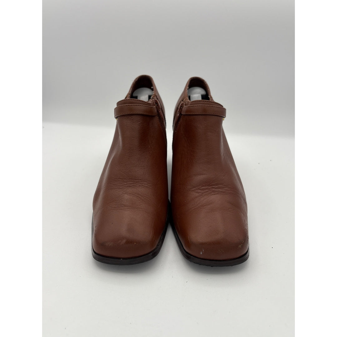 Women’s AJ Valenci Size 7 Brown Leather Heeled Ankle Boots with Gold Side Buckle