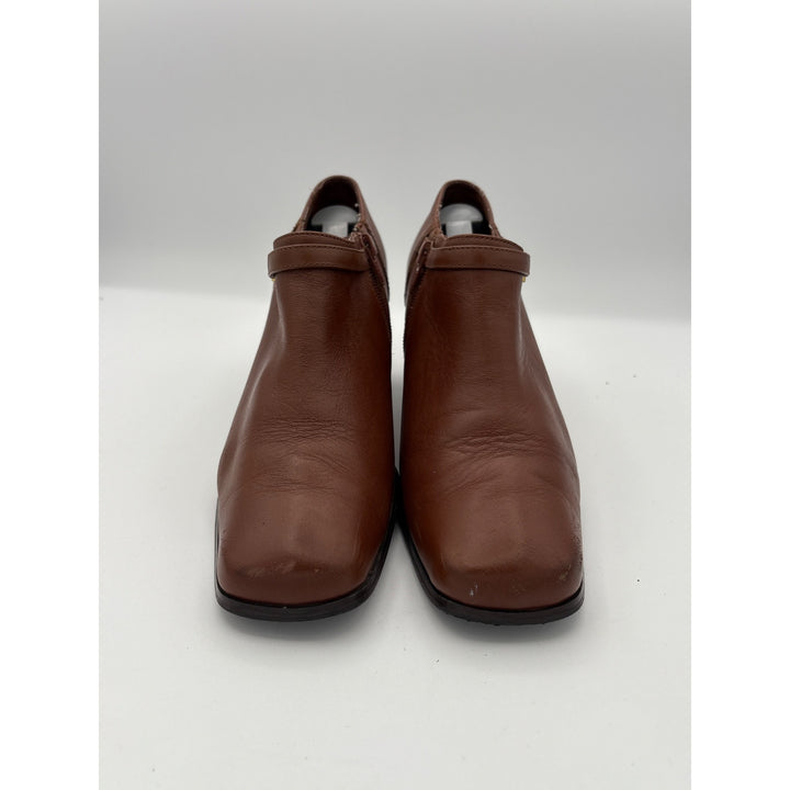 Women’s AJ Valenci Size 7 Brown Leather Heeled Ankle Boots with Gold Side Buckle