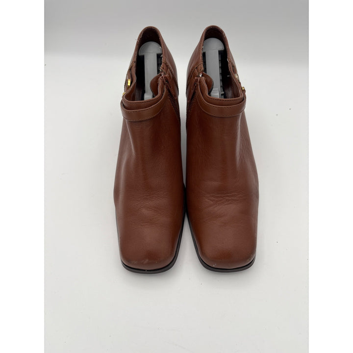 Women’s AJ Valenci Size 7 Brown Leather Heeled Ankle Boots with Gold Side Buckle
