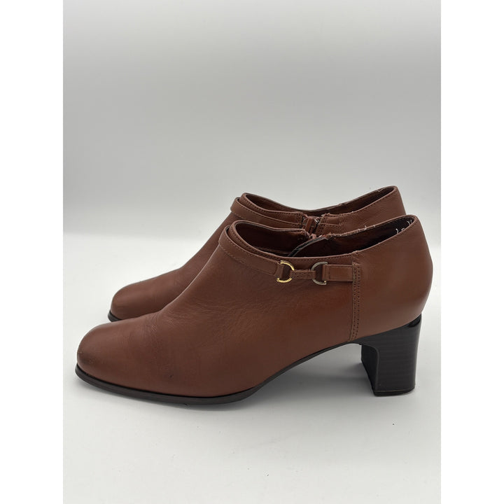Women’s AJ Valenci Size 7 Brown Leather Heeled Ankle Boots with Gold Side Buckle