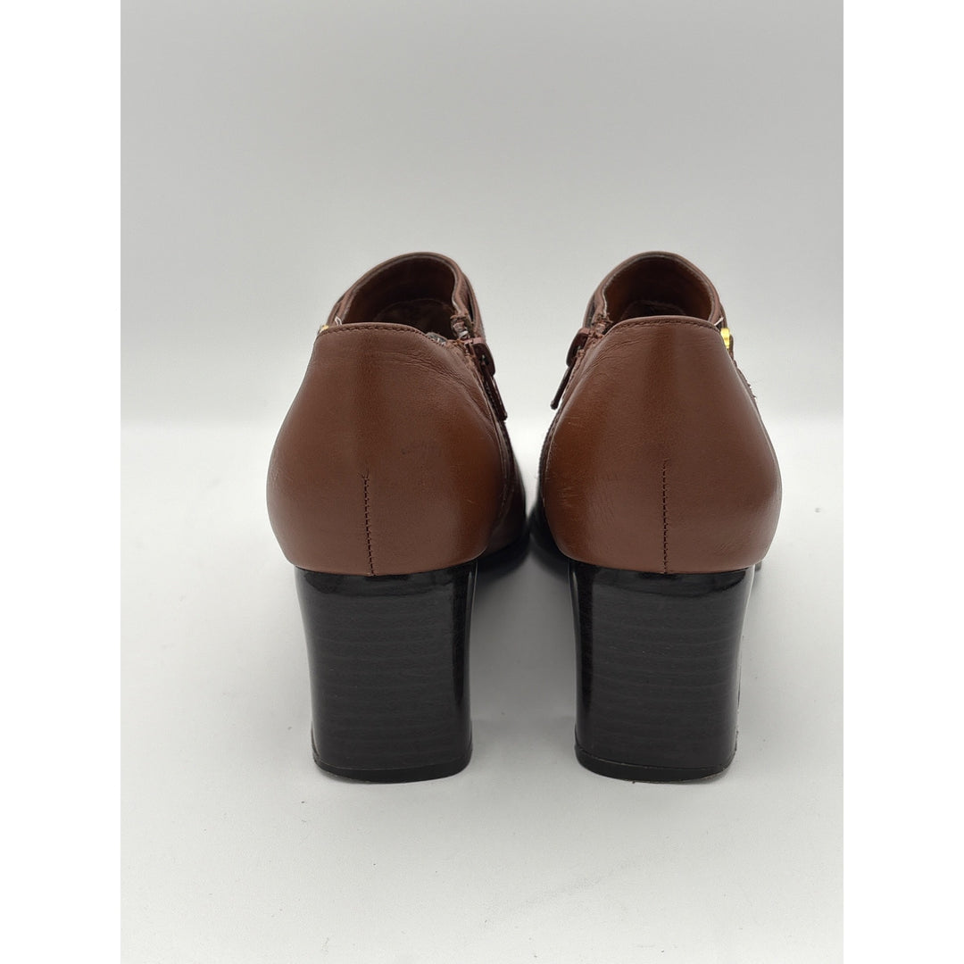 Women’s AJ Valenci Size 7 Brown Leather Heeled Ankle Boots with Gold Side Buckle