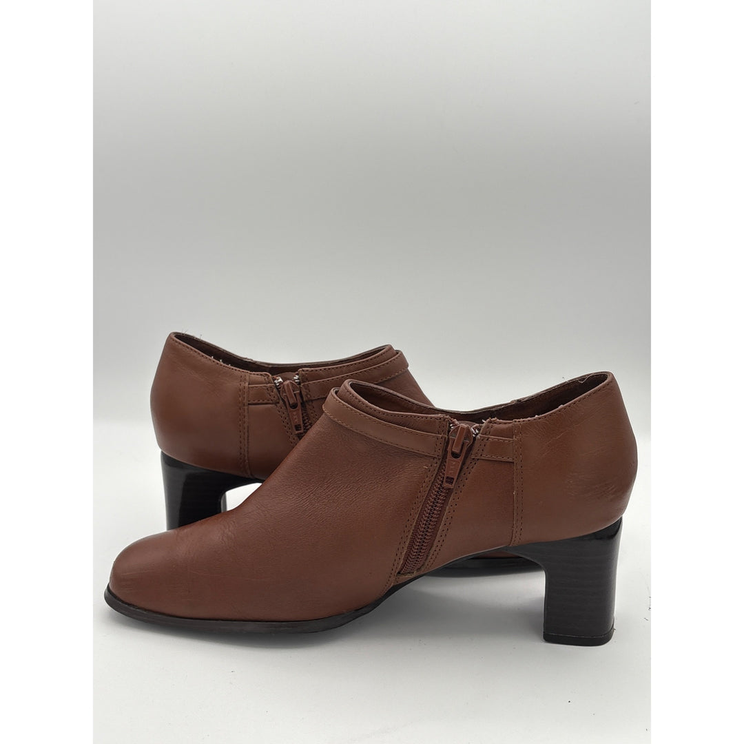 Women’s AJ Valenci Size 7 Brown Leather Heeled Ankle Boots with Gold Side Buckle