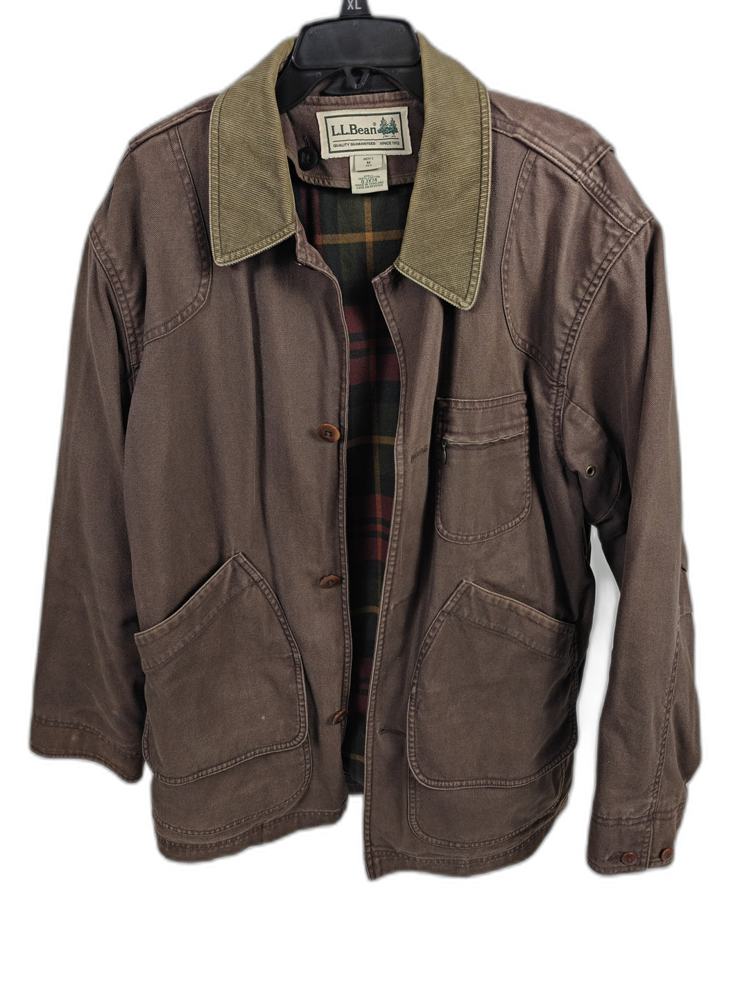 LL Bean Mens Brown Barn Coat With Corduroy Collar And Plaid Lining Size Medium