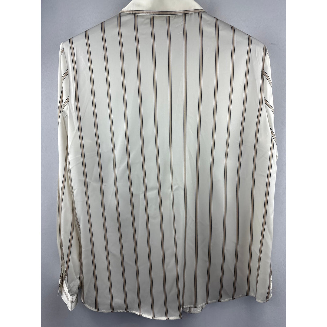 Women’s Anne Klein Cream and Tan Striped Satin Blouse Size L