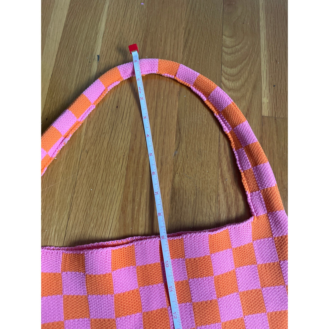 Kopari Knit Mini Tote Pink Orange 11" tall x 13.5" wide Retro Funky Checked Checkered