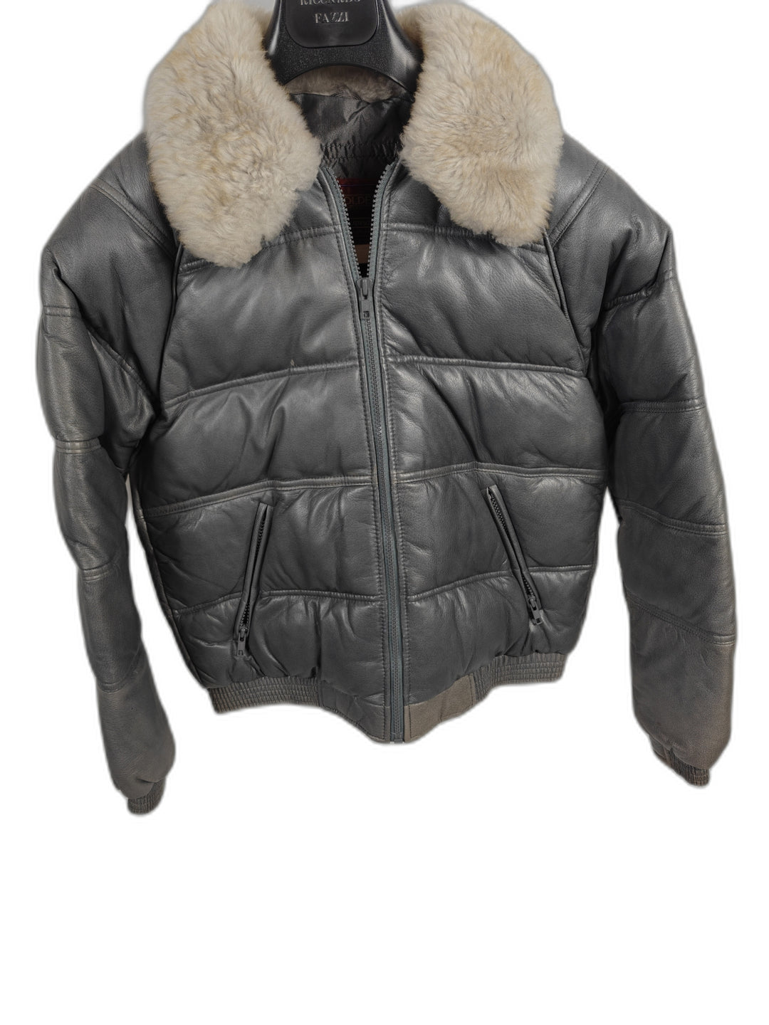 Mens Vintage Golden Pioneer Wear Leather Puffer Jacket Gray Fur Collar
