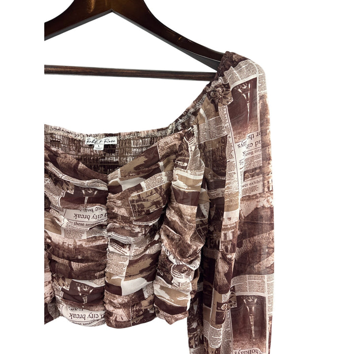 Women’s Rabbit Rose Large Brown & White Newspaper Patterned Cropped Blouse