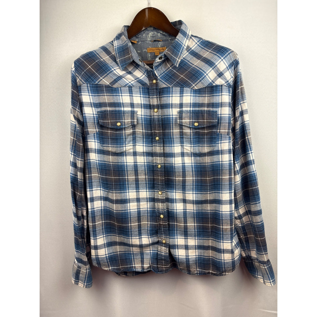 Women’s Jach’s Girlfriend Large Blue & White Plaid Flannel with Snap Buttons