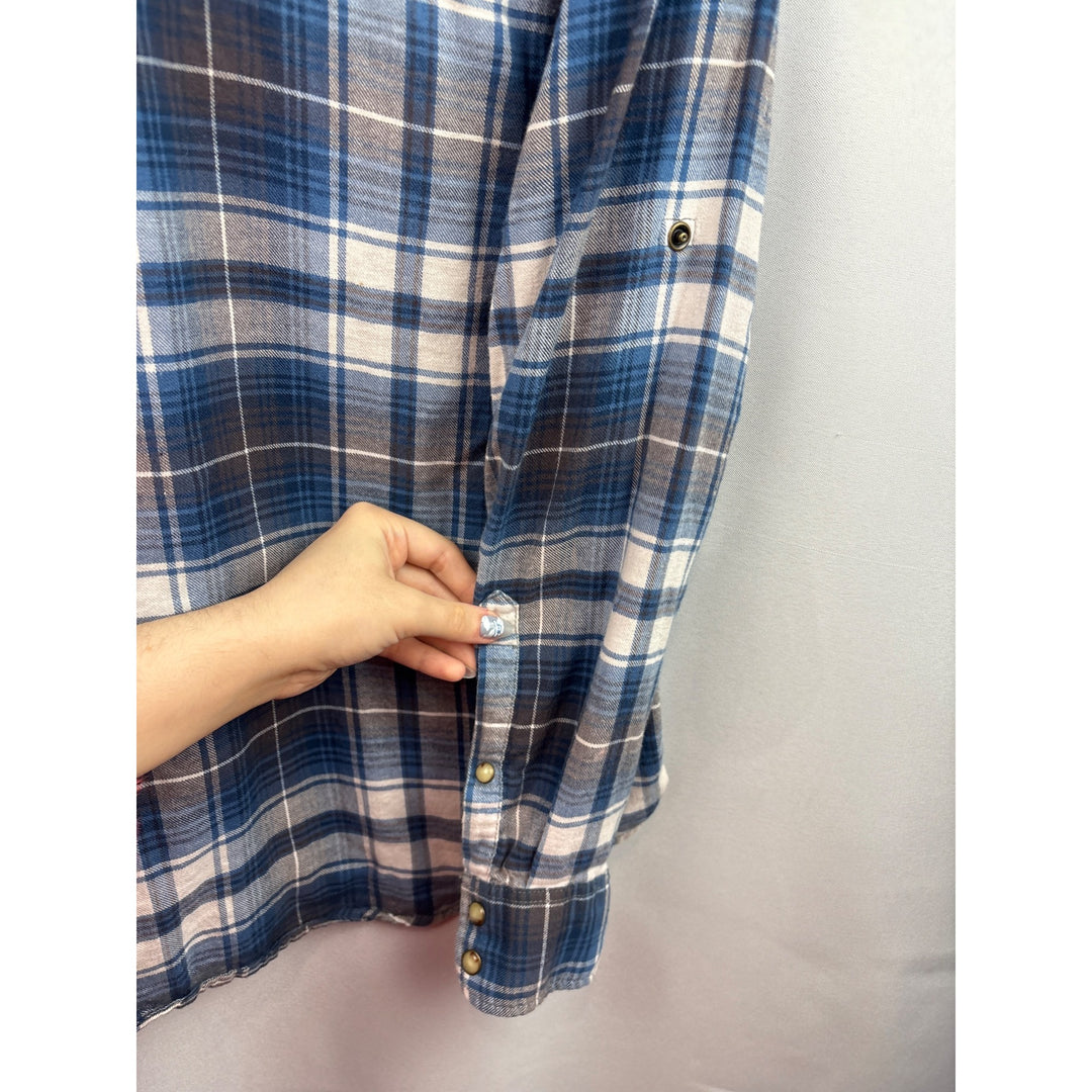 Women’s Jach’s Girlfriend Large Blue & White Plaid Flannel with Snap Buttons