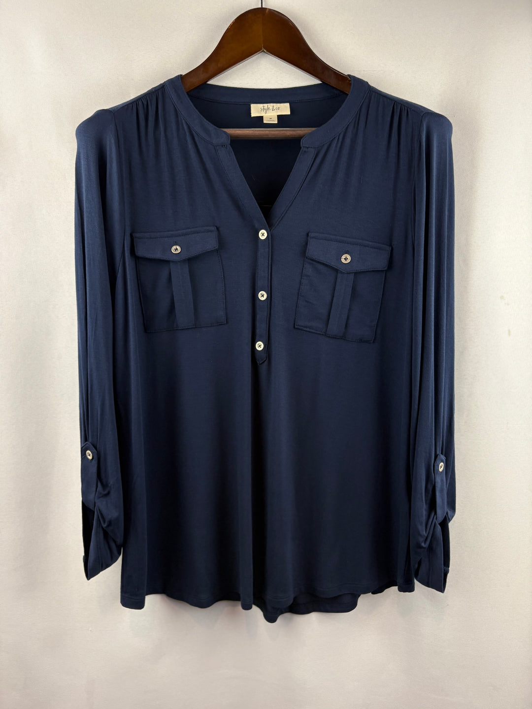 Women’s Style&Co Medium Navy Blue Half Button Blouse