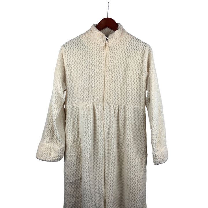 Stan Herman XS Cream Full Zip Long Robe With Textured Pattern