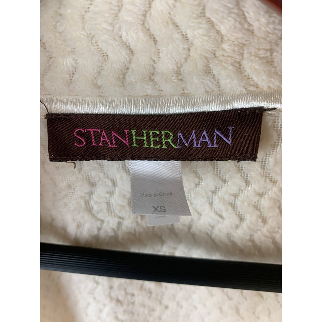 Stan Herman XS Cream Full Zip Long Robe With Textured Pattern