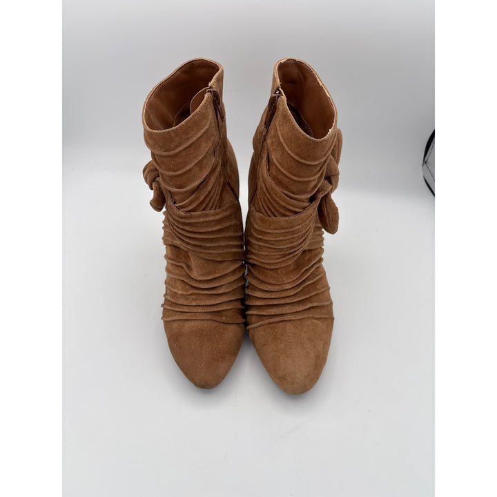 Womens Bijou New York Leather & Man-Made Materials Ankle Boots Size 7.5W Brown Made In China Elegant Ruched Design With Zipper Closure
