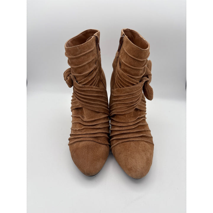 Womens Bijou New York Leather & Man-Made Materials Ankle Boots Size 7.5W Brown Made In China Elegant Ruched Design With Zipper Closure
