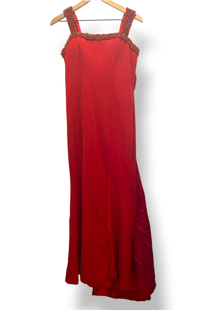 Ava Presley 29121 Red Satin Beaded Mermaid Prom Evening Gown Size 10 Bow Train