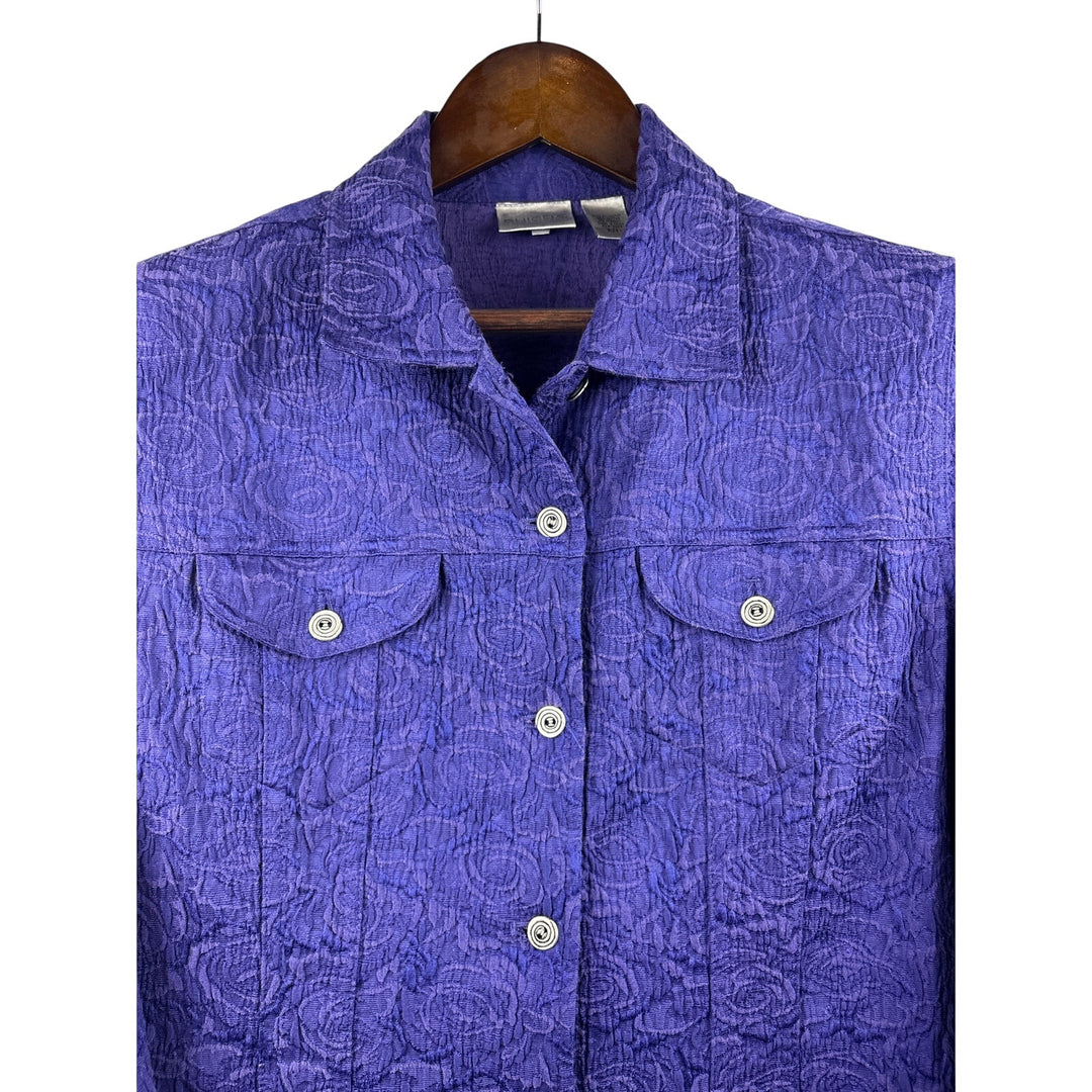 Women’s Chico’s Size 1 Royal Purple Rose Patterned Button Up