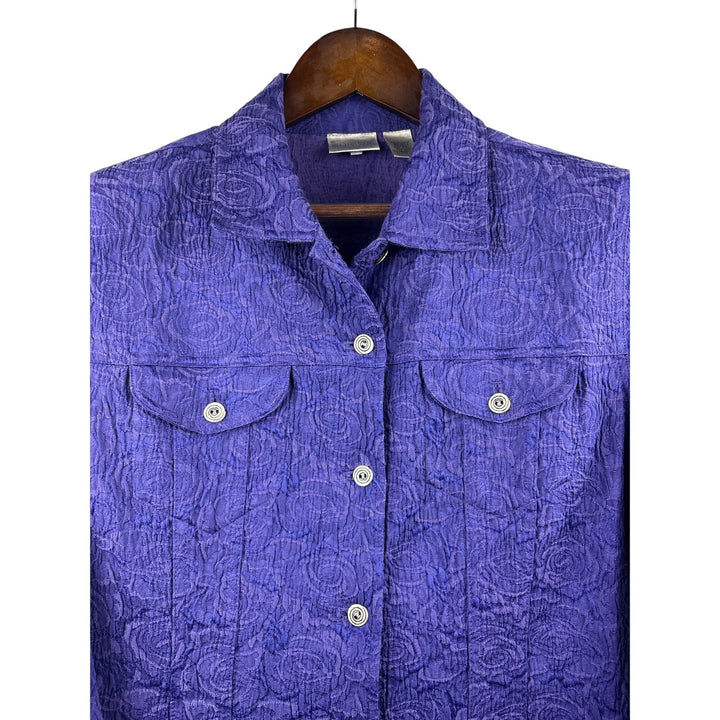 Women’s Chico’s Size 1 Royal Purple Rose Patterned Button Up