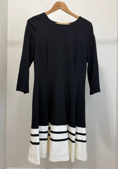 Eliza J Black Fit and Flare Dress Stripe Hem Ponte Knit Sz12
