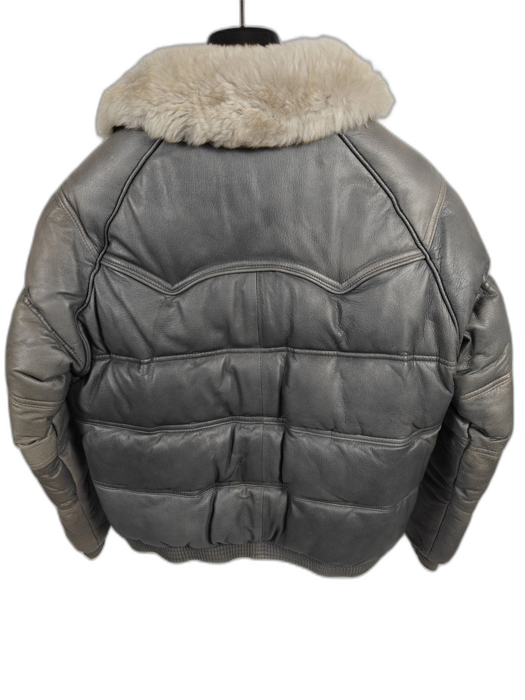 Mens Vintage Golden Pioneer Wear Leather Puffer Jacket Gray Fur Collar