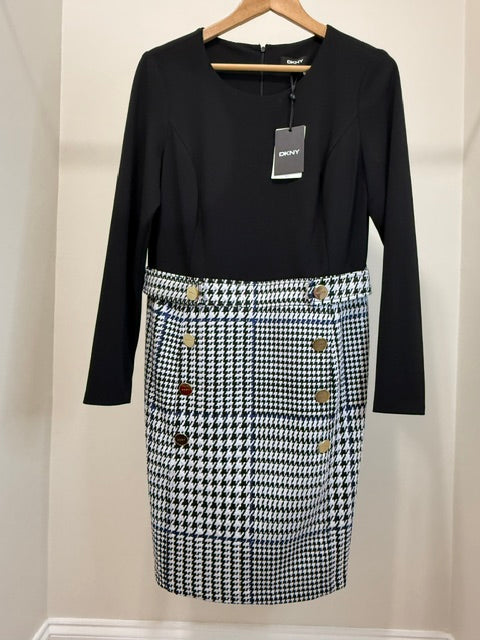 DKNY Houndstooth Plaid Knit Sheath Dress Black NWT Sz12