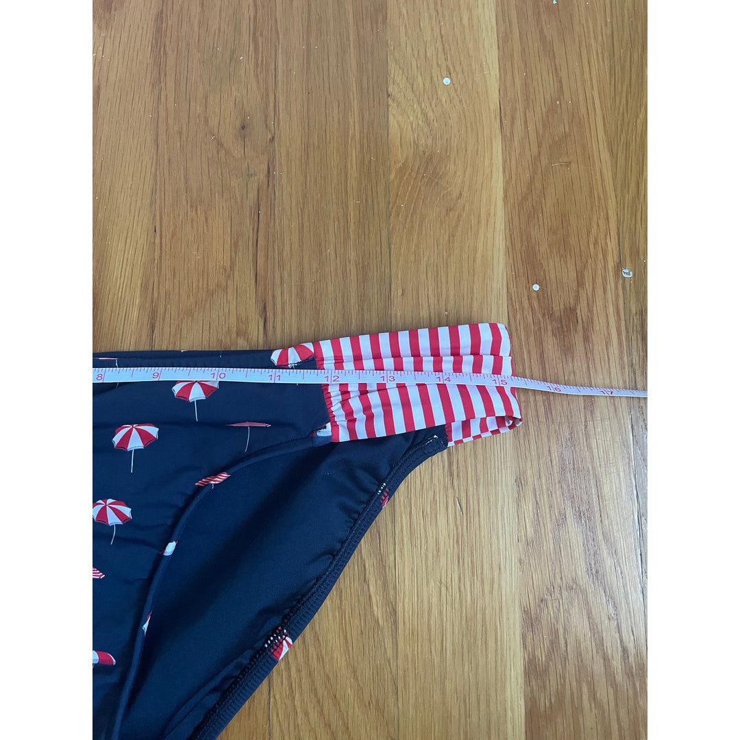 Seafolly Women's Riviera Ruched Side Bikini Bottom in Indigo Nautical Red White Blue Americana Beach Umbrella BathingSuit Bikini Bottoms M