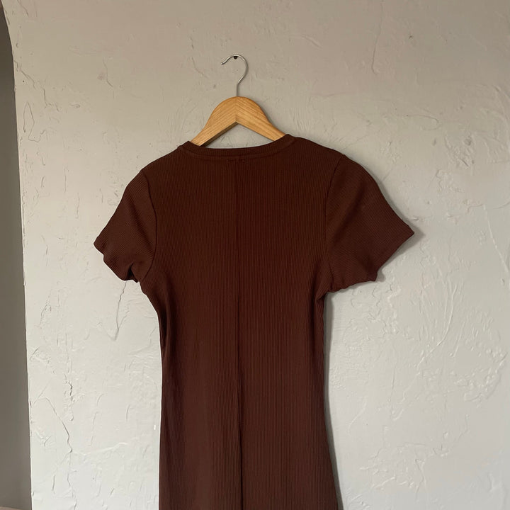 Cotton On Chocolate Brown T shirt Ribbed Maxi Dress Minimalist Basic Casual sz M
