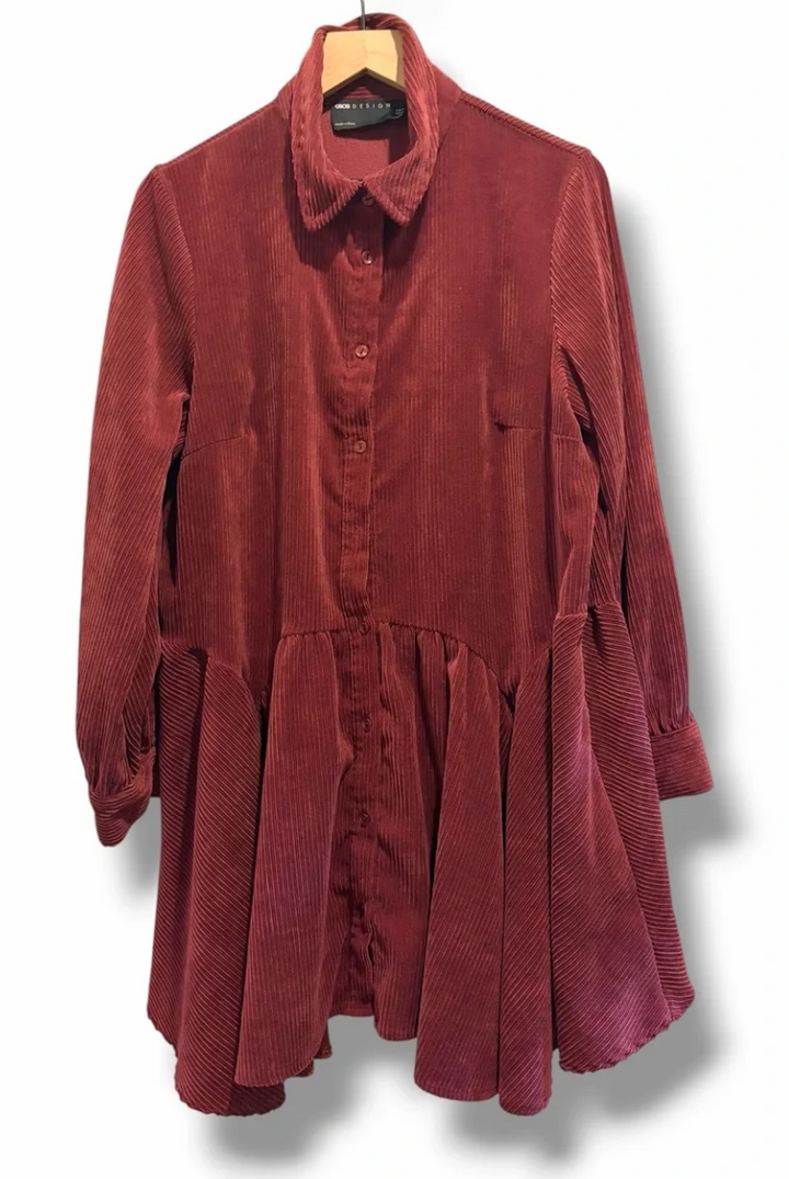 ASOS Design Burgundy Corduroy Mini Dress US 12 Button Drop Waist Peplum Babydoll