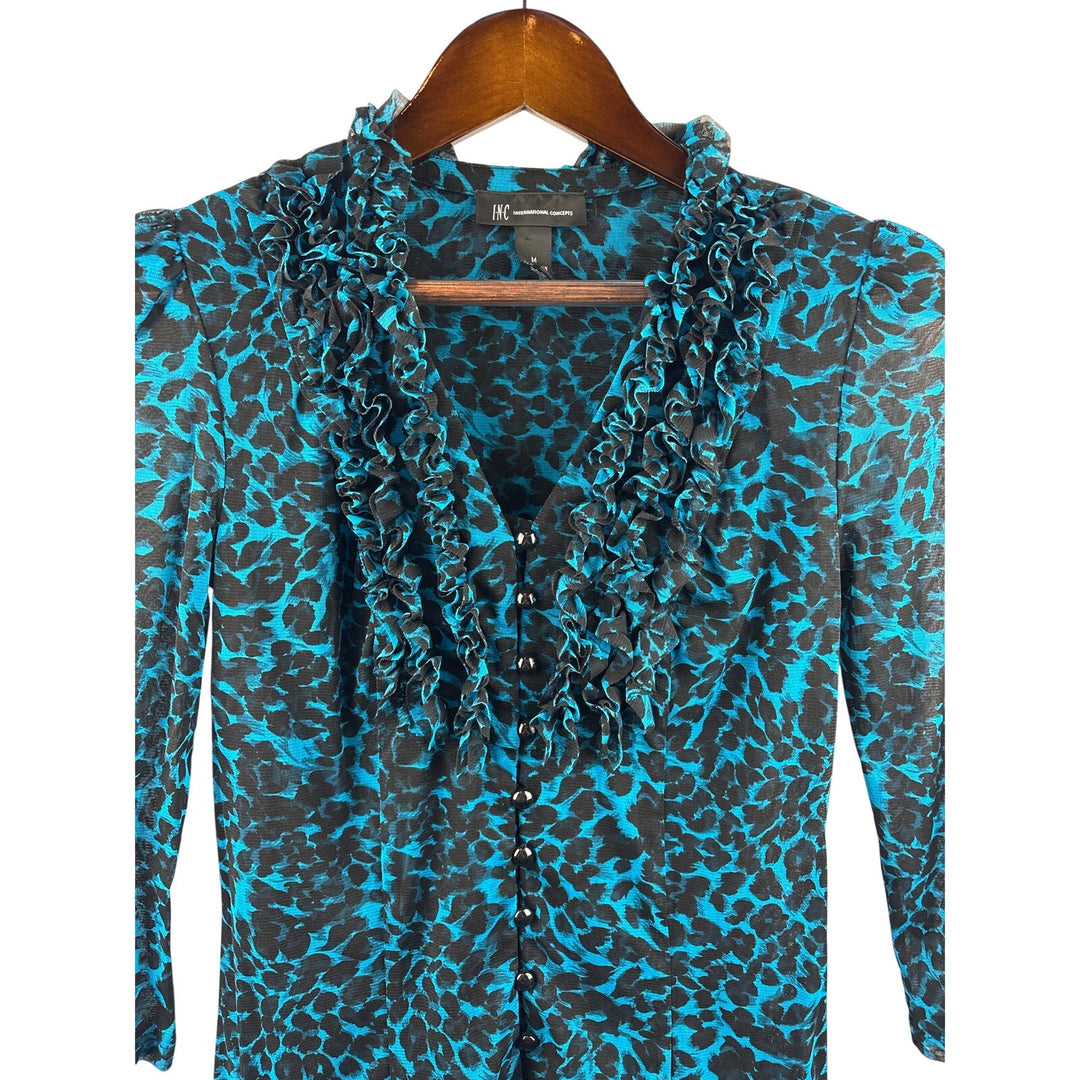 Women’s I.n.c International Concepts Medium Teal & Black Leopard Print Blouse