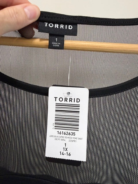 Torrid Black Cupro Mesh Yoke Skater Mini Dress Sz1X (14–16) NWT
