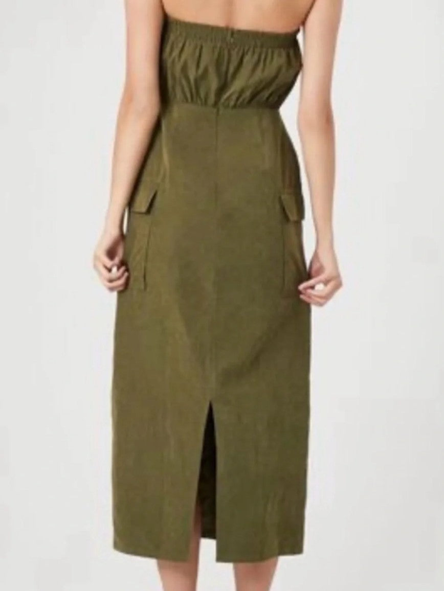 Forever 21 Olive Green Military Bandeau Midi Zip up women's dress, Size S